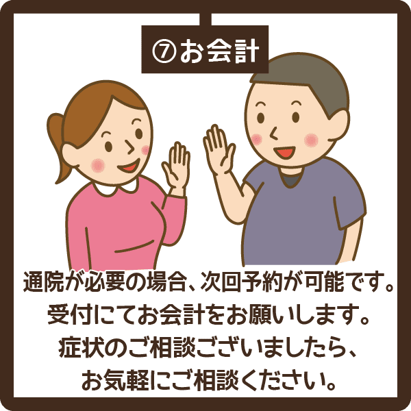 お会計 通院が必要の場合、次回予約が可能です。受付にてお会計をお願いします。症状のご相談ございましたら、お気軽にご相談ください。